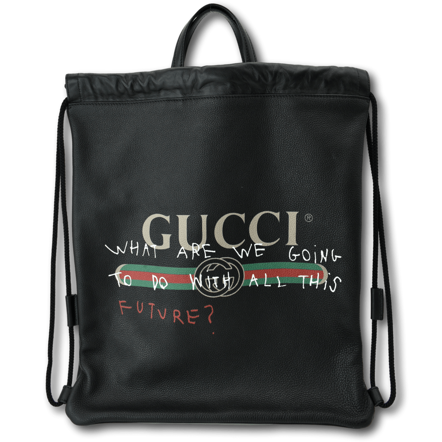 GUCCI Drawstring Print Leather Backpack Bag Black 494053