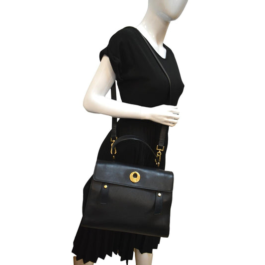 SAINT LAURENT M Two Medium Calfskin Satchel Shoulder Bag Black