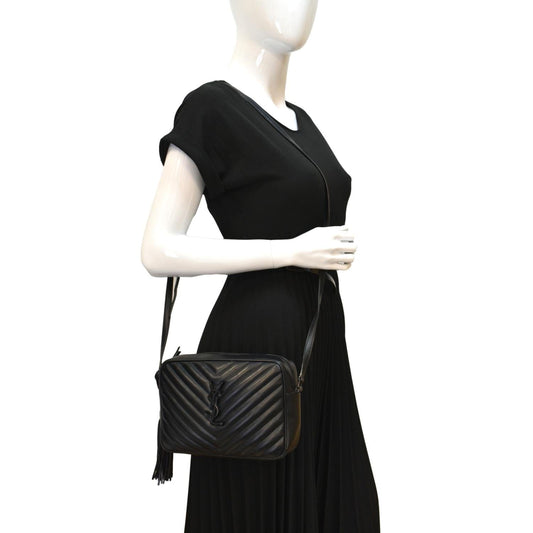 SAINT LAURENT Lou Chevron Leather Camera Crossbody Bag Black