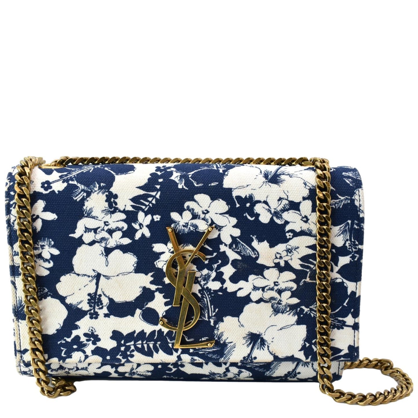 SAINT LAURENT Kate Floral Print Canvas Shoulder Bag Blue