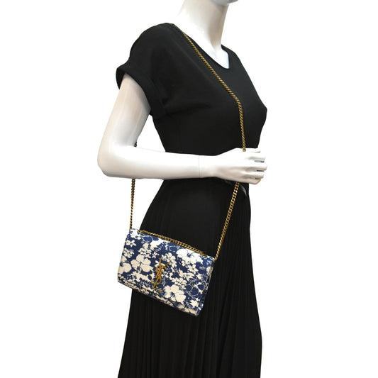 SAINT LAURENT Kate Floral Print Canvas Shoulder Bag Blue