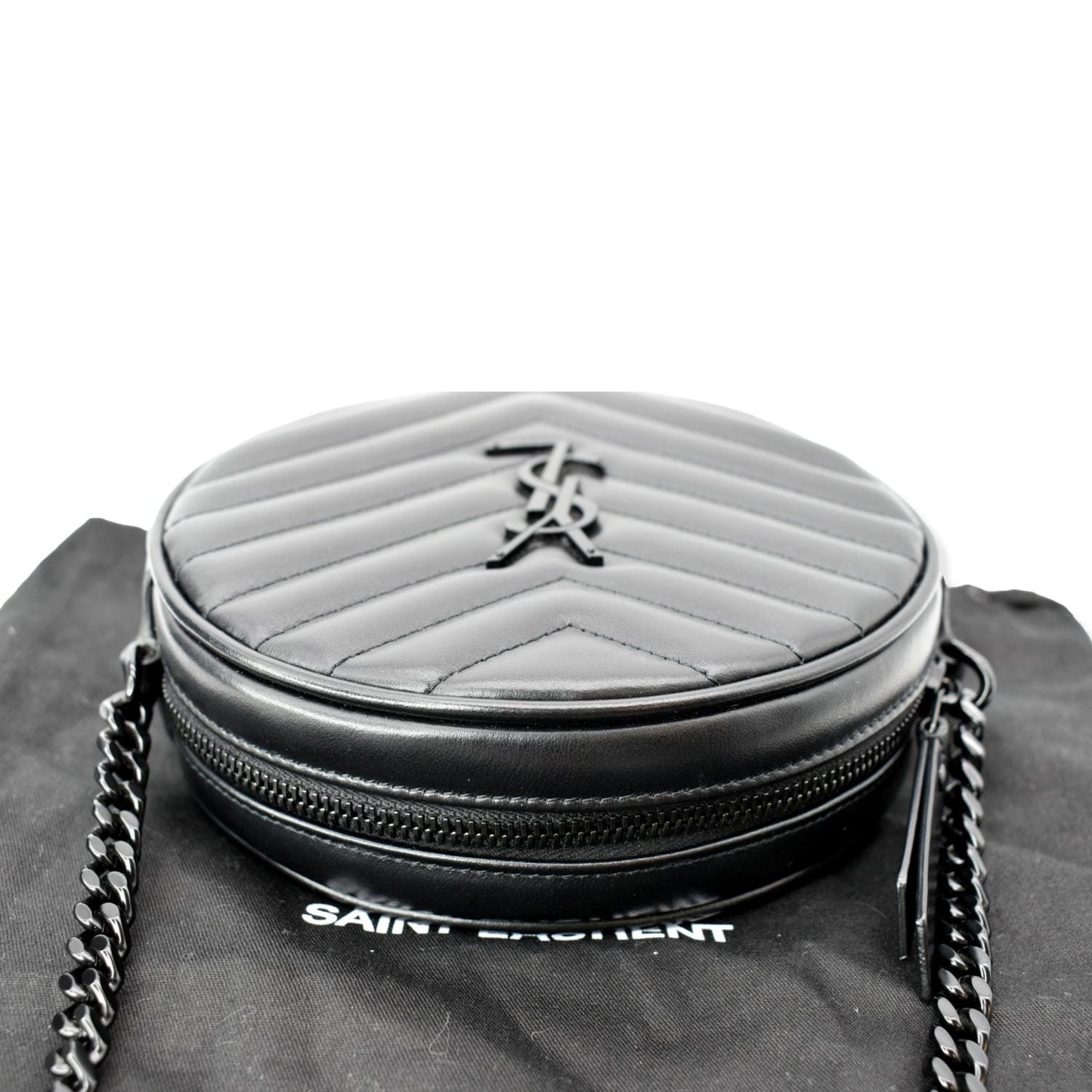 SAINT LAURENT Vinyle Round Chevron Leather Camera Crossbody Bag Black