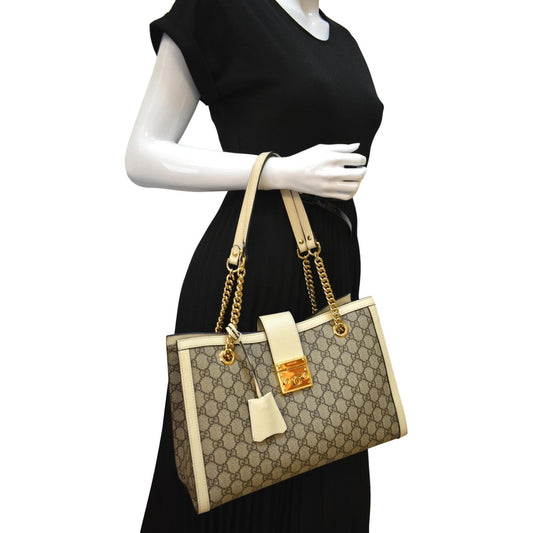 GUCCI Padlock Medium GG Supreme Canvas Shoulder Bag Beige 479197