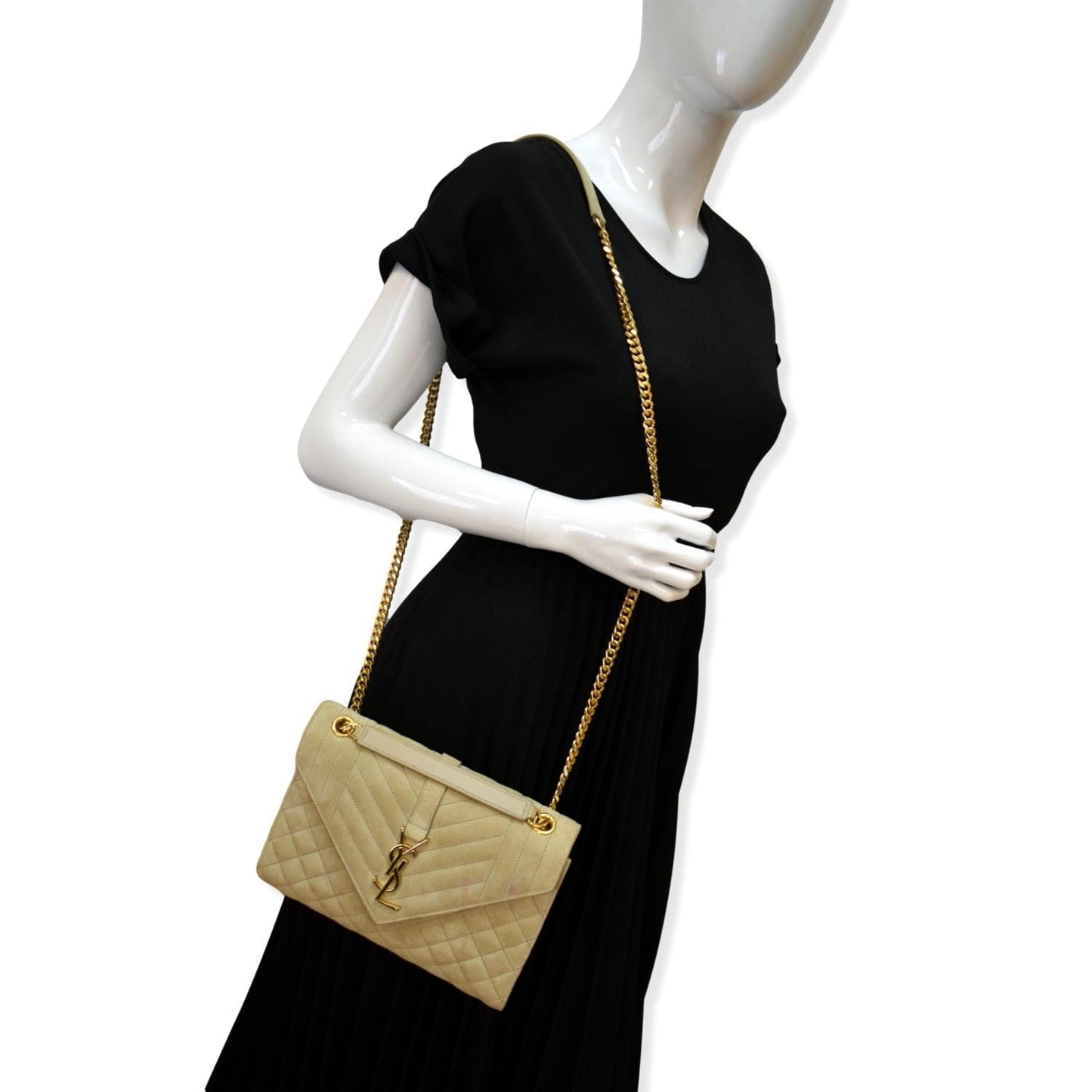 SAINT LAURENT Medium Envelope Matelasse Suede Crossbody Bag Beige
