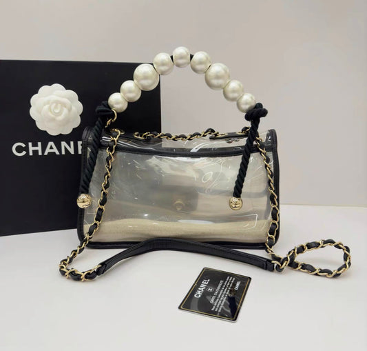 Chanel Lambskin PVC Sand By The Sea Flap Bag With Pearl Strap