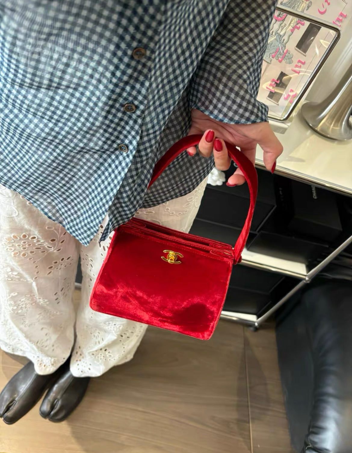 Chanel Rare Classic Velvet Red Kelly Bag Gold Plated Hardware