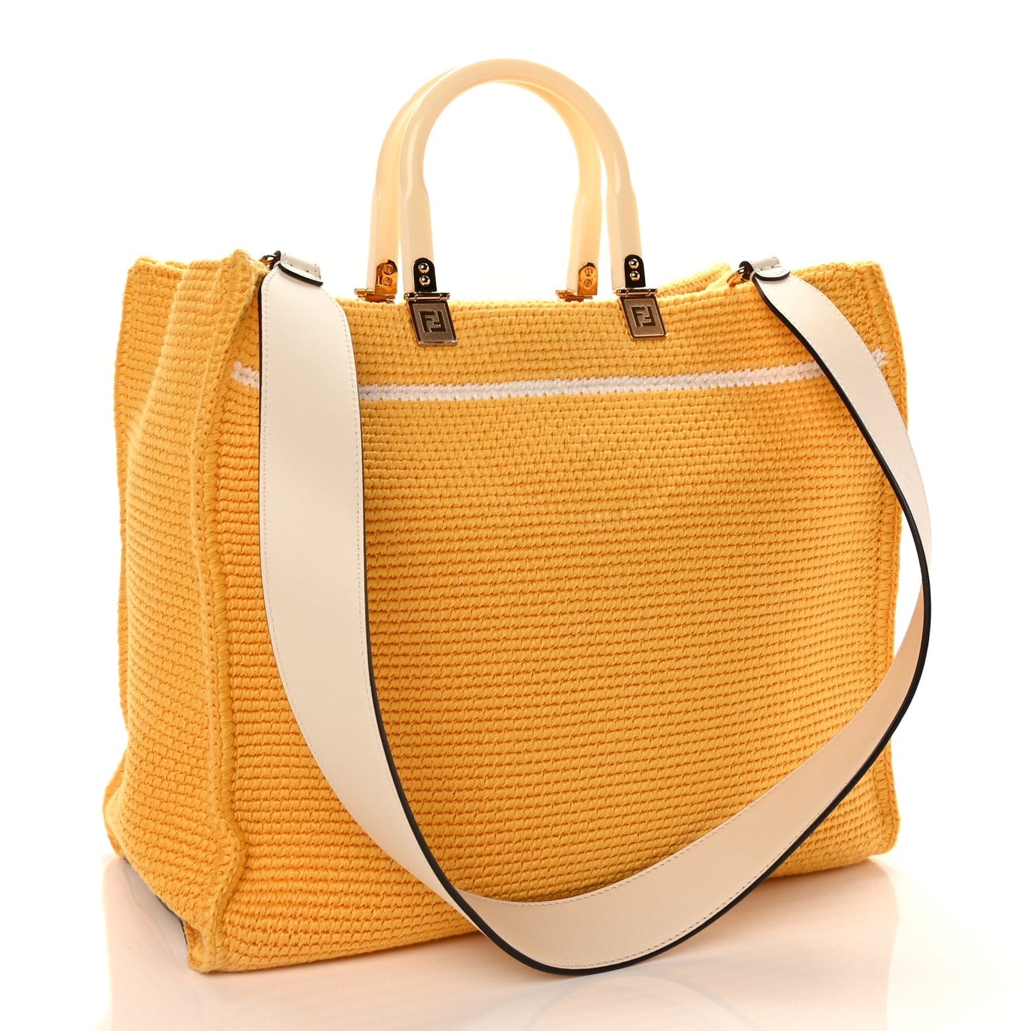 Fendi Crochet Vitello King Logo Plexiglass Medium Fendi Sunshine Shopper Tote Mimosa Panna
