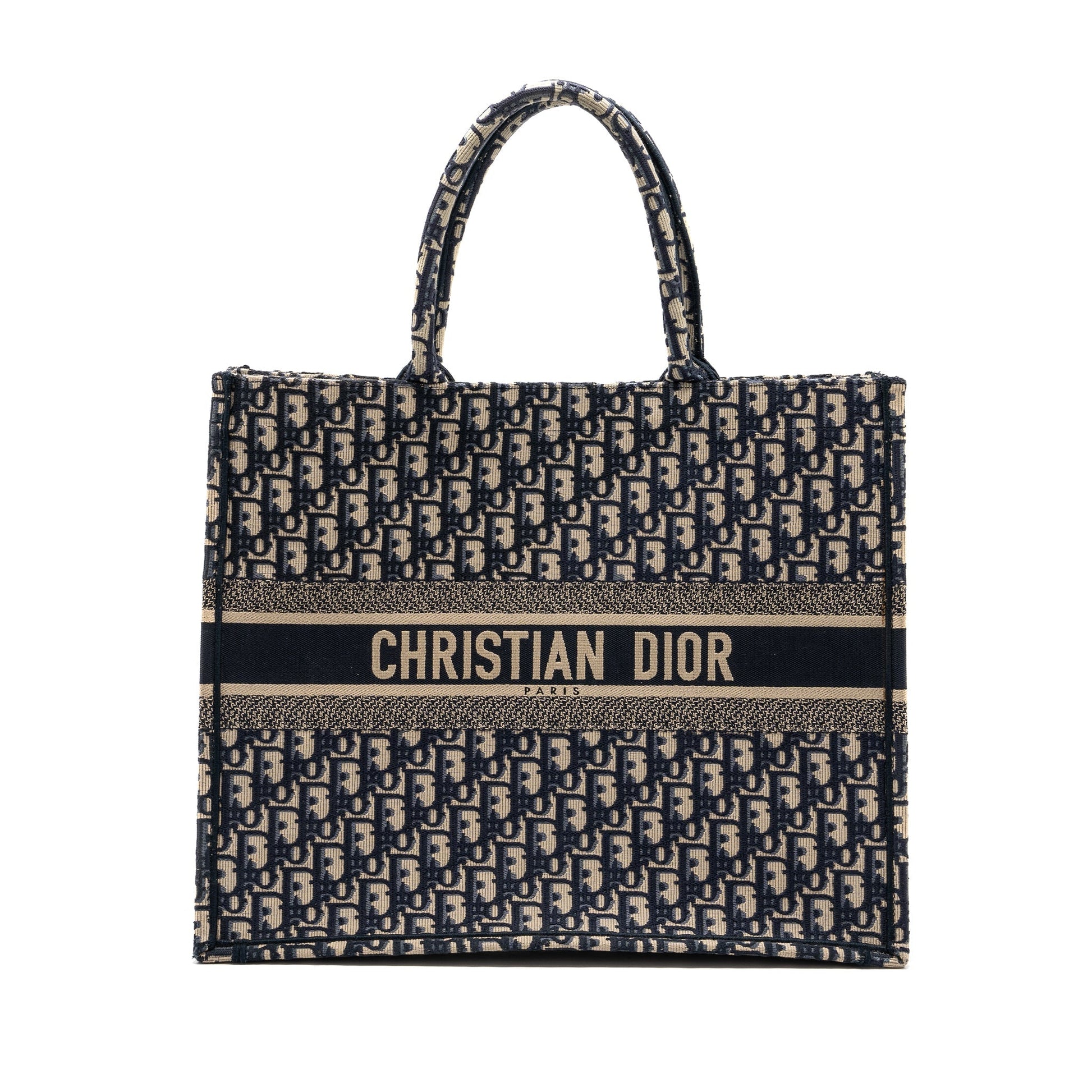 large book tote ecru and blue Dior oblique embroidery