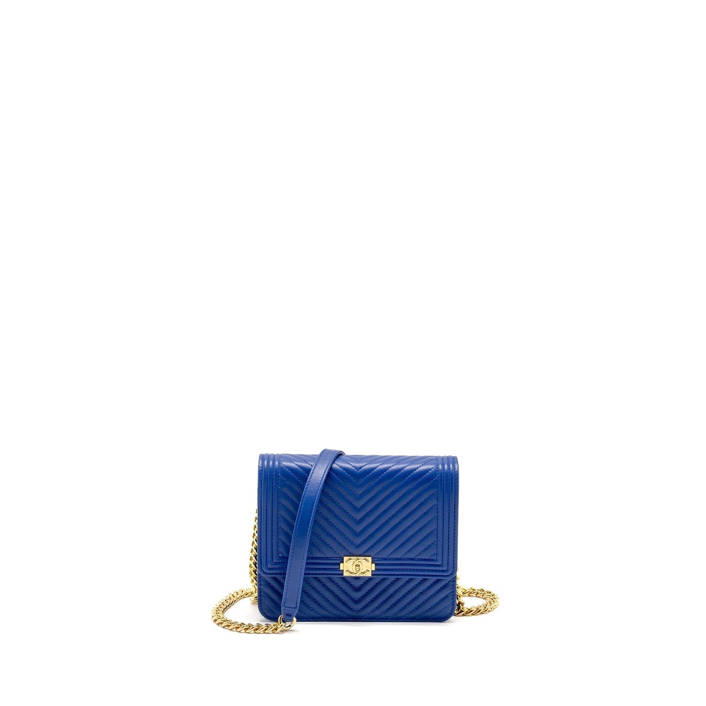 Chanel Boy Clutch with Chain Chervon Lambskin Blue GHW