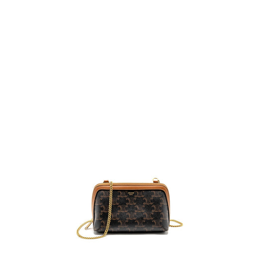 Celine Clutch With Chain in Triomphe Canvas / Lambskin Tan