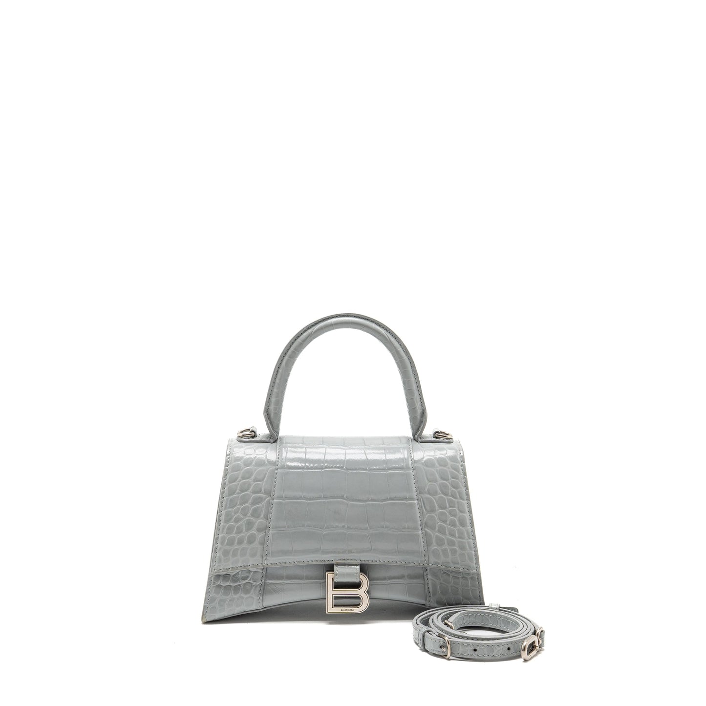 Balenciaga Small Hourglass Purse Crocodile-Embossed Calfskin Grey