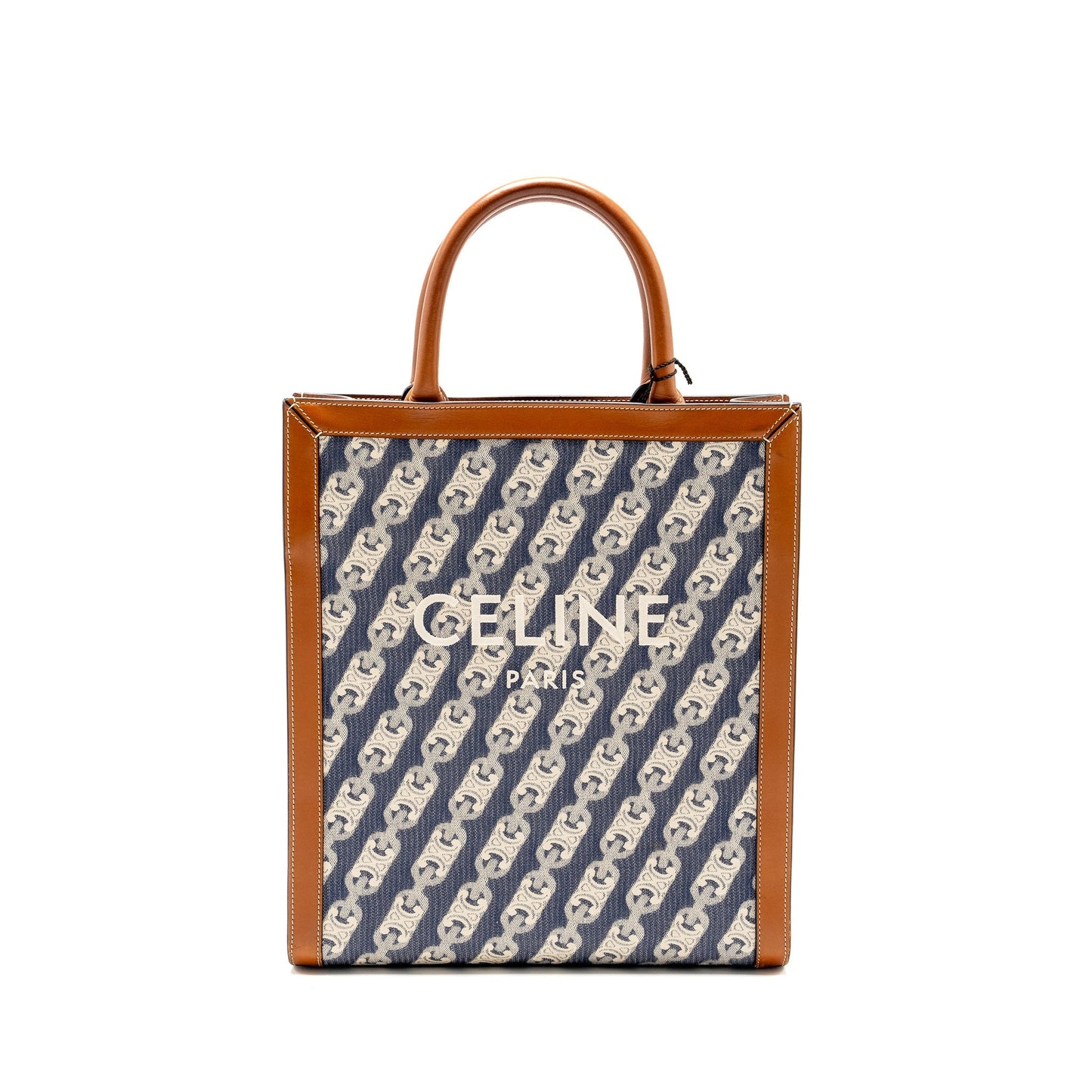 Luxury CELINE Vertical Cabas Tote in Triomphe Denim /Leather Navy/Tan GHW