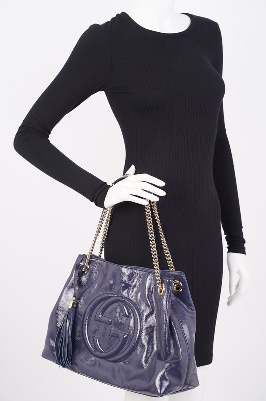 Gucci Soho Disco Bag Blue Patent Leather Tote