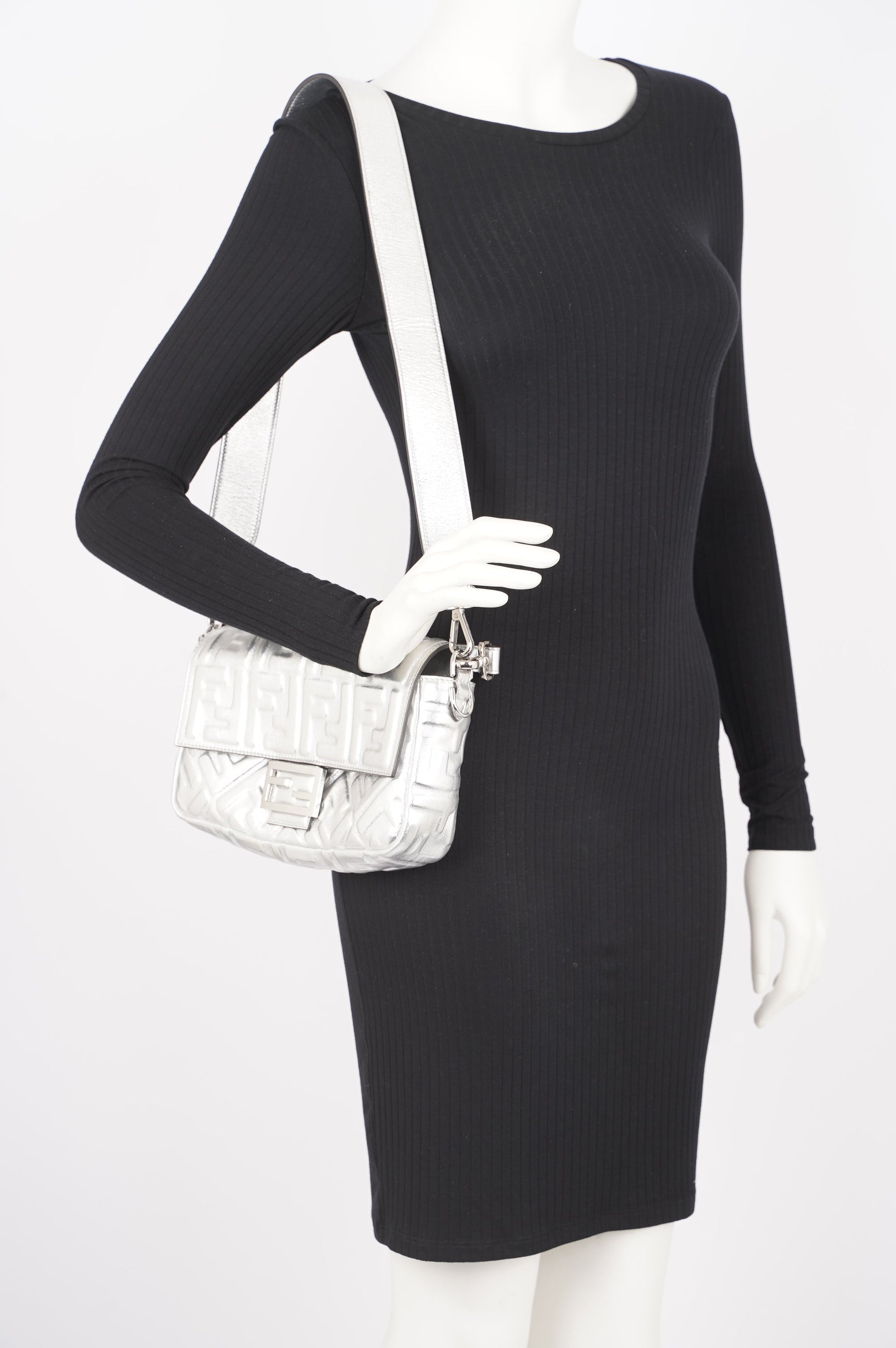Fendi Womens Baguette Bag Silver Leather