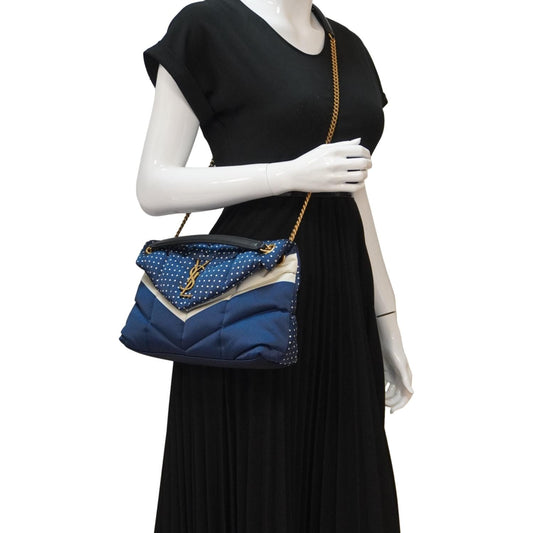 SAINT LAURENT Loulou Puffer Polka Dots Canvas Crossbody Bag Blue