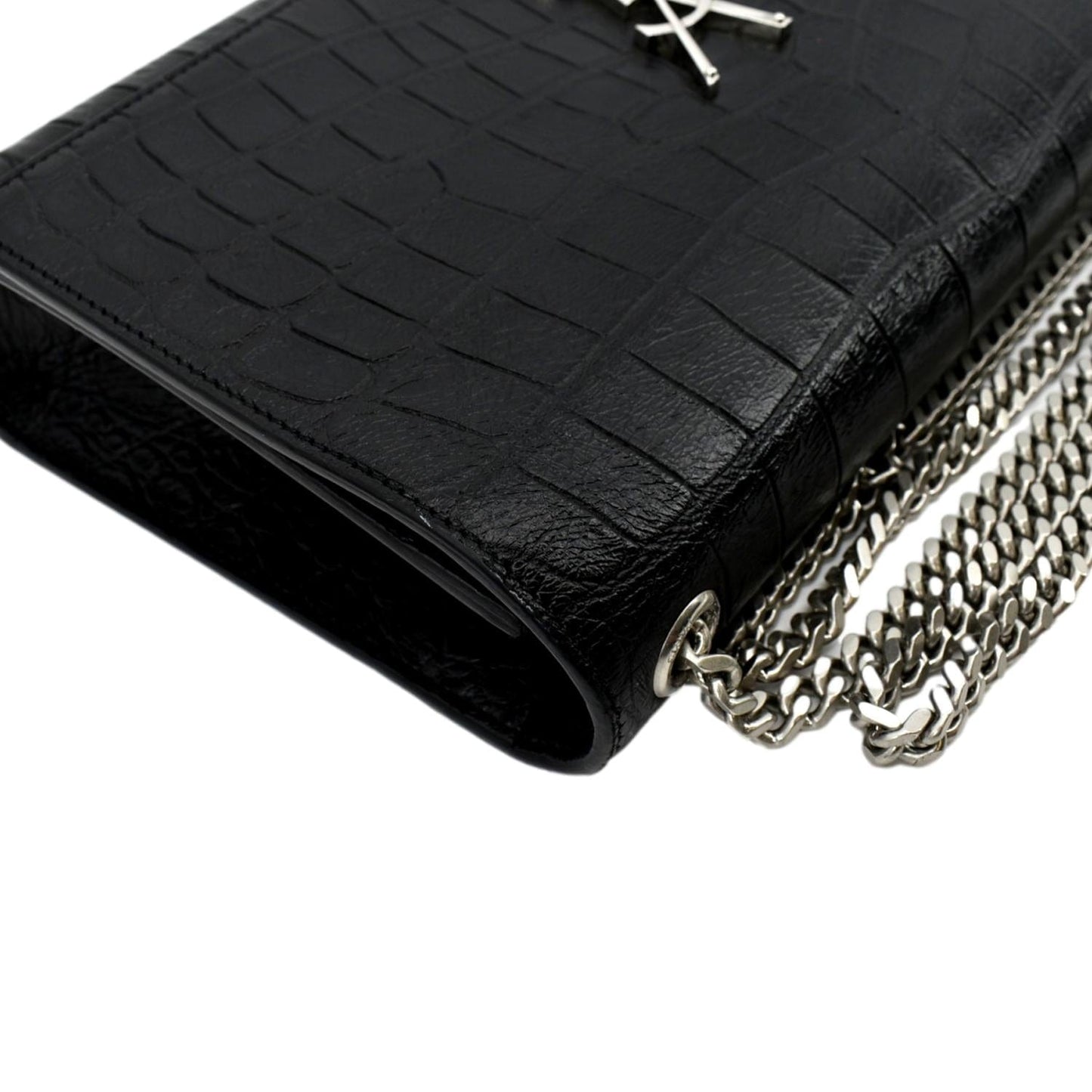 SAINT LAURENT Kate Crocodile Embossed Leather Shoulder Bag Black