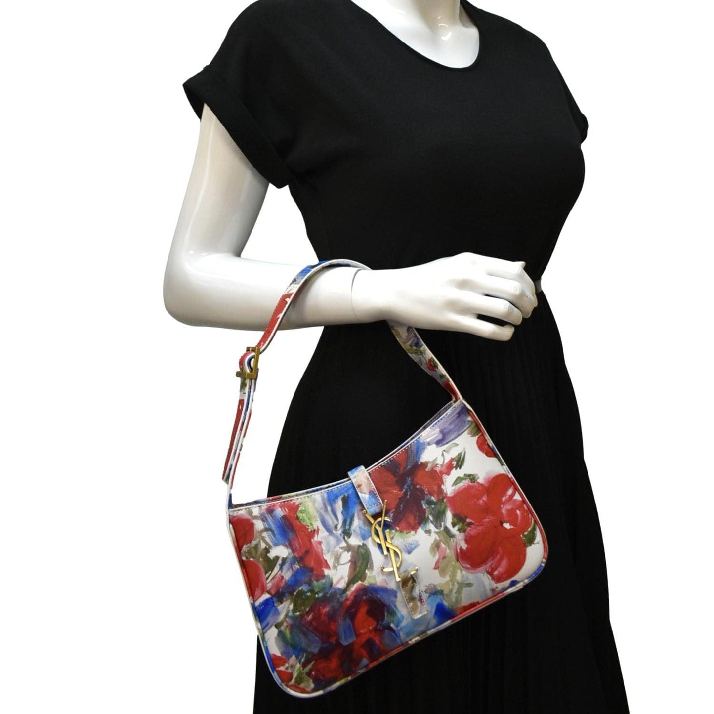 SAINT LAURENT LE 5 a 7 Floral Printed Leather Hobo Bag White