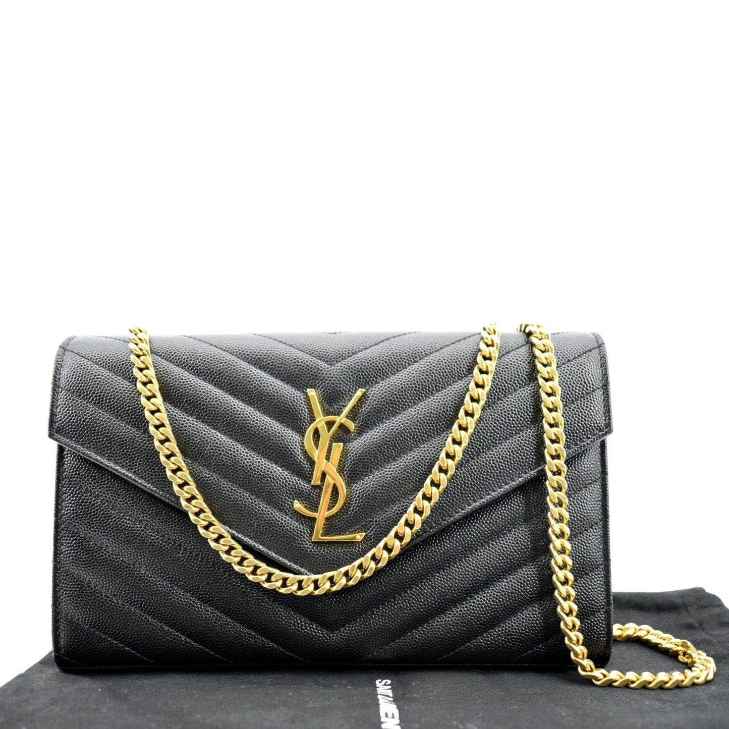 SAINT LAURENT Envelope Leather Chain Shoulder Bag Black