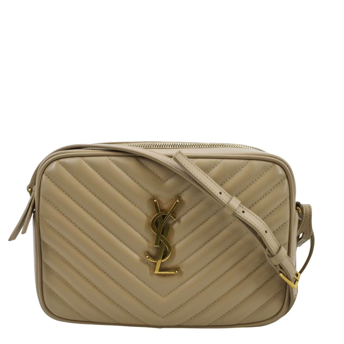 SAINT LAURENT Lou Chevron Leather Camera Crossbody Bag Beige
