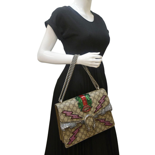 GUCCI Dionysus Medium GG Supreme Embroidered Sequin Shoulder Bag Beige 400235