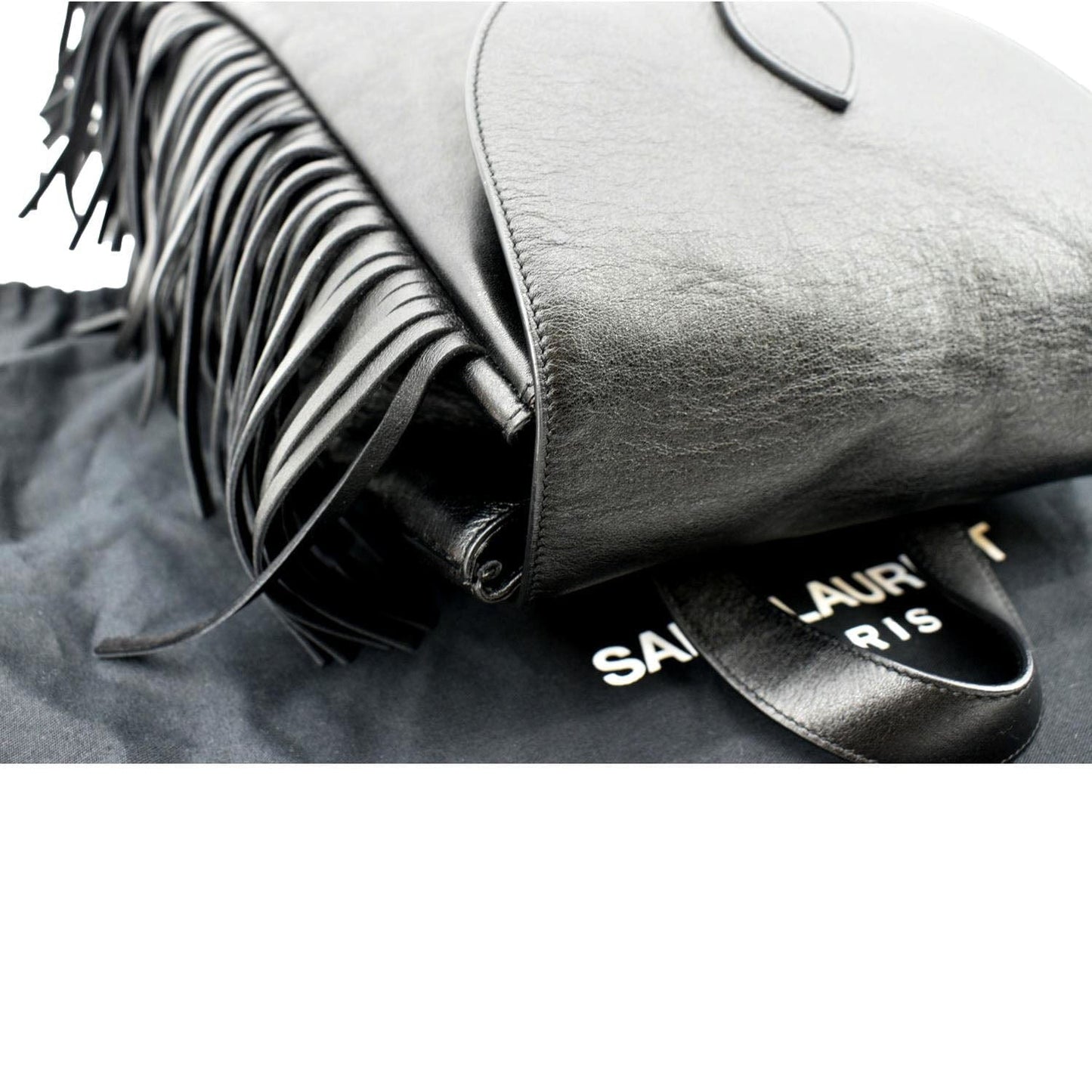 SAINT LAURENT Fringe Calfskin Leather Backpack Bag Black
