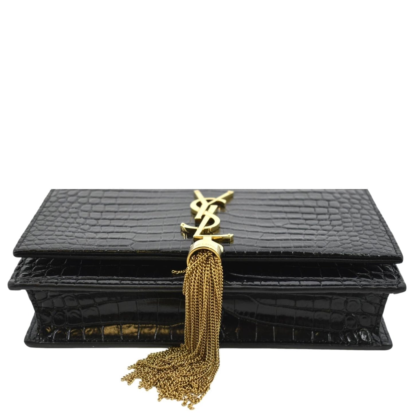 SAINT LAURENT Kate Crocodile Embossed Patent Leather Shoulder Bag Black