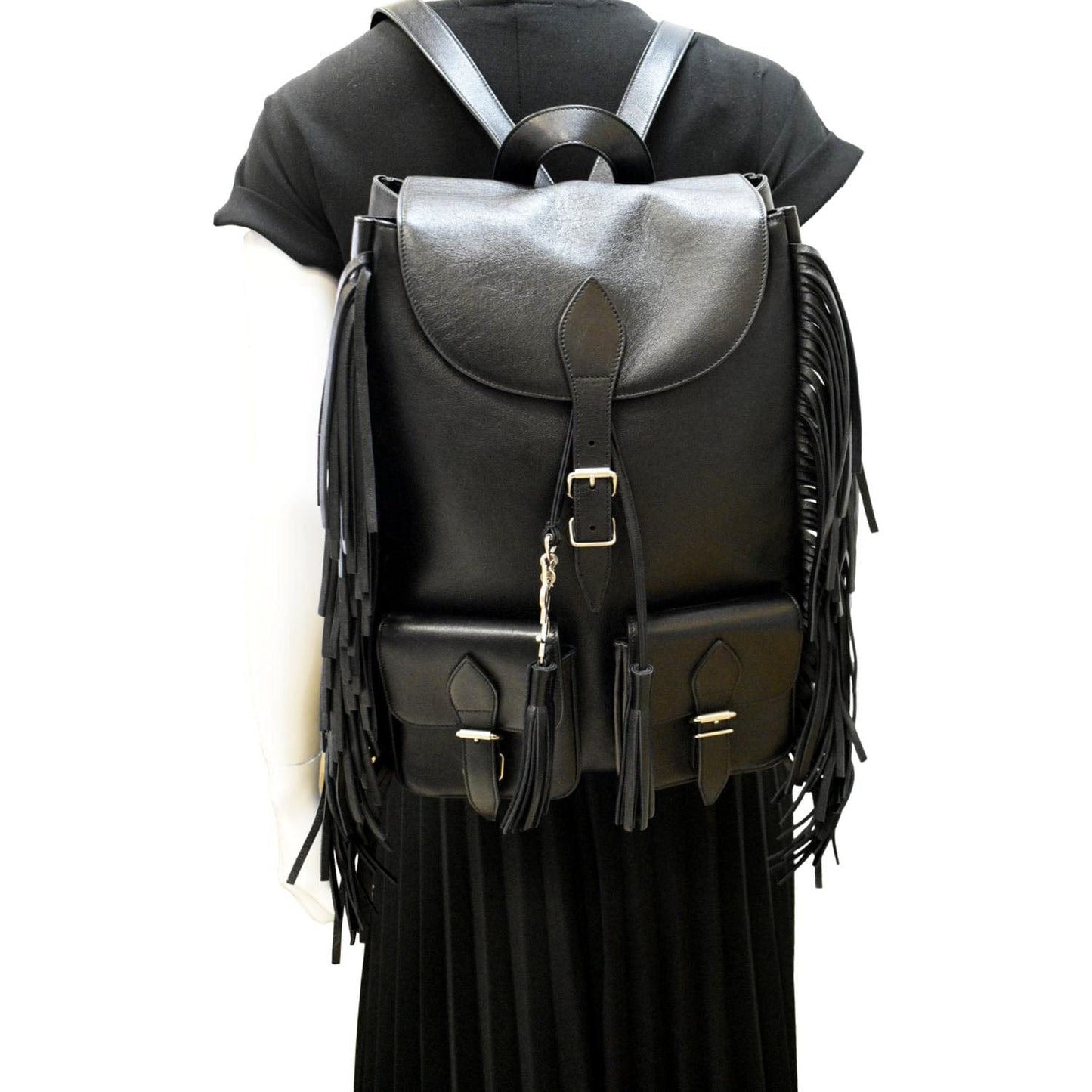 SAINT LAURENT Fringe Calfskin Leather Backpack Bag Black