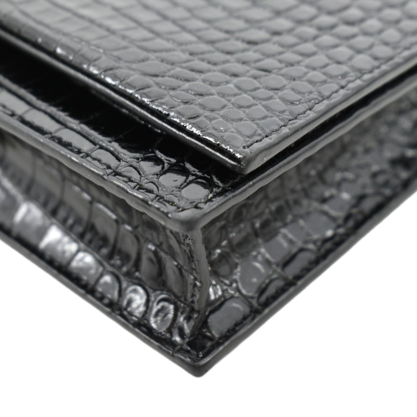 SAINT LAURENT Kate Crocodile Embossed Patent Leather Shoulder Bag Black
