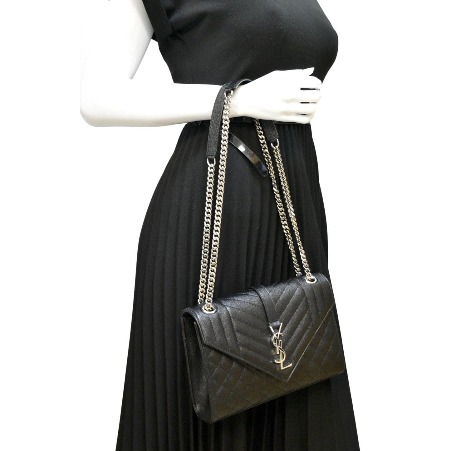 SAINT LAURENT Medium Envelope Leather Chain Shoulder Bag Black
