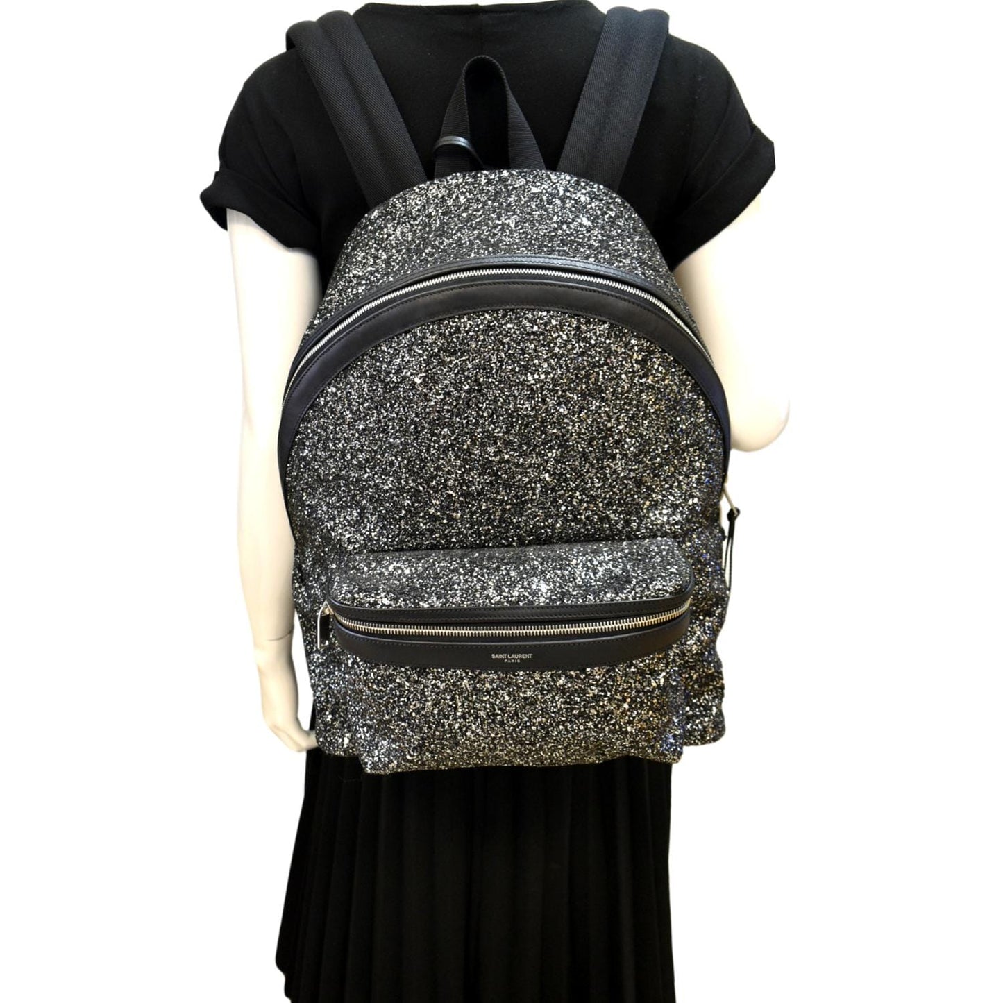 SAINT LAURENT City Glitter Canvas Backpack Bag Black