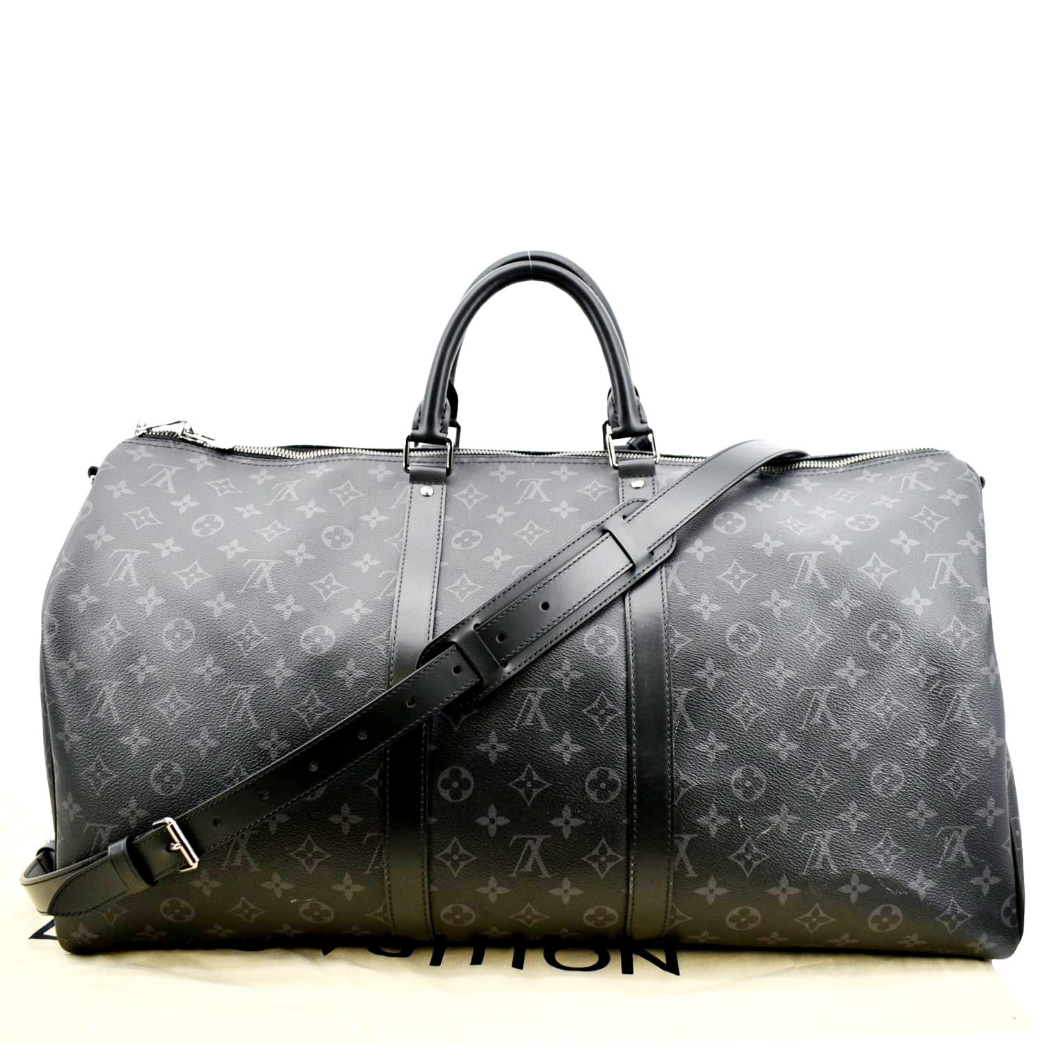 LOUIS VUITTON Keepall 55 Bandouliere Monogram Eclipse Travel Bag Black
