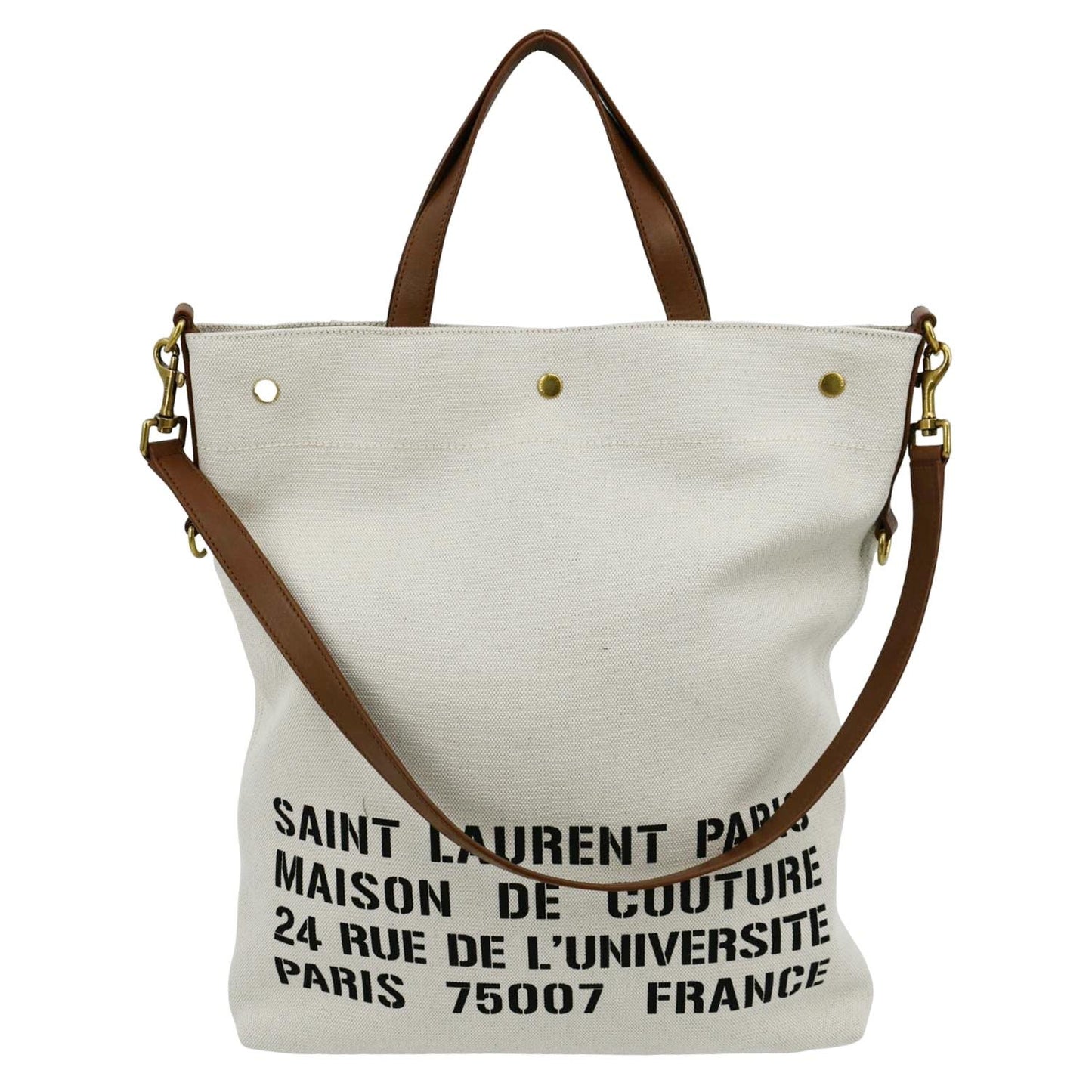 SAINT LAURENT North South Foldable Canvas Smooth Leather Shoulder Bag Naturel