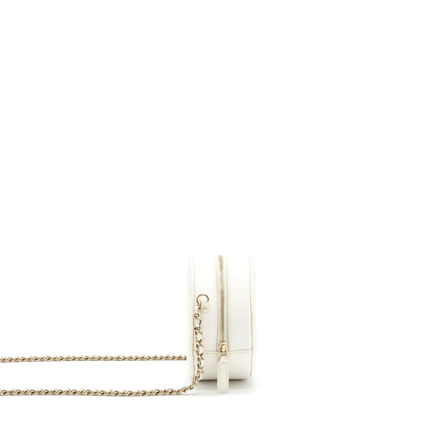 Chanel mini round Bag with Chain Caviar White L