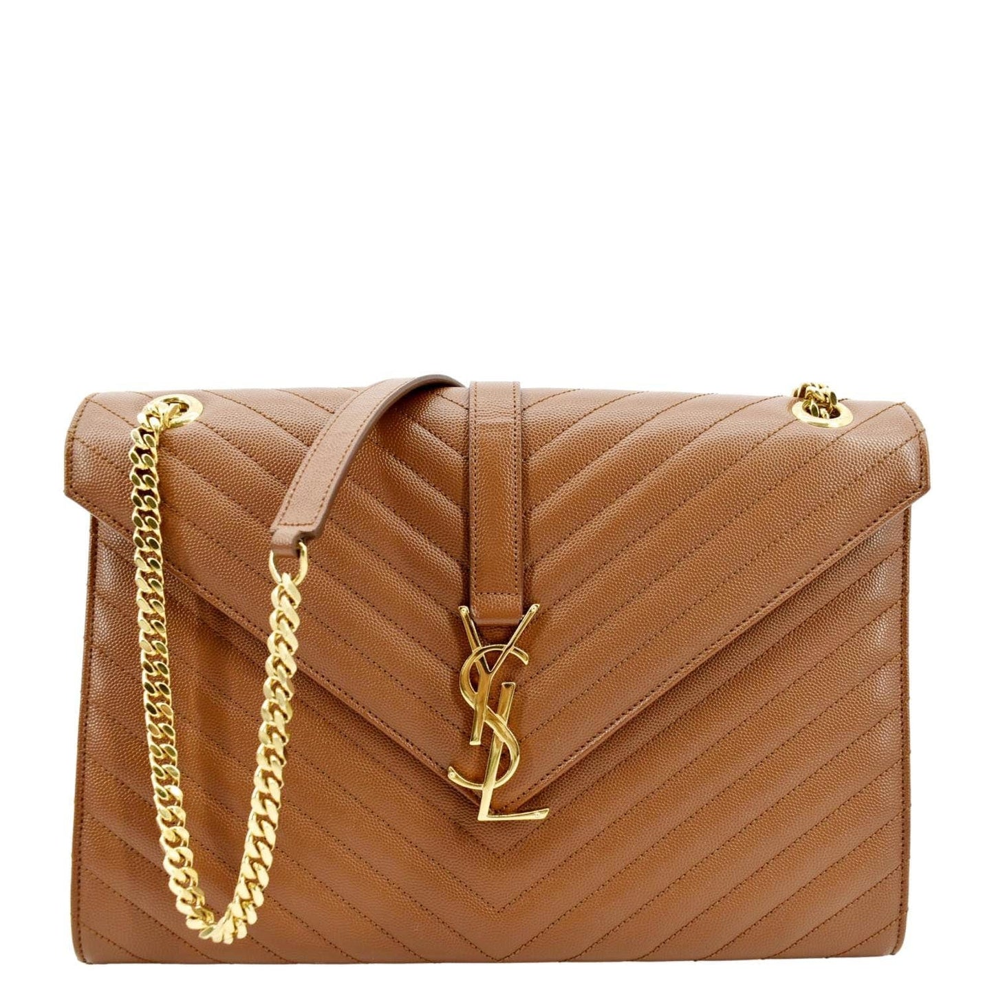 SAINT LAURENT Large Envelope Mix Matelasse Leather Chain Shoulder Bag Dark Natural