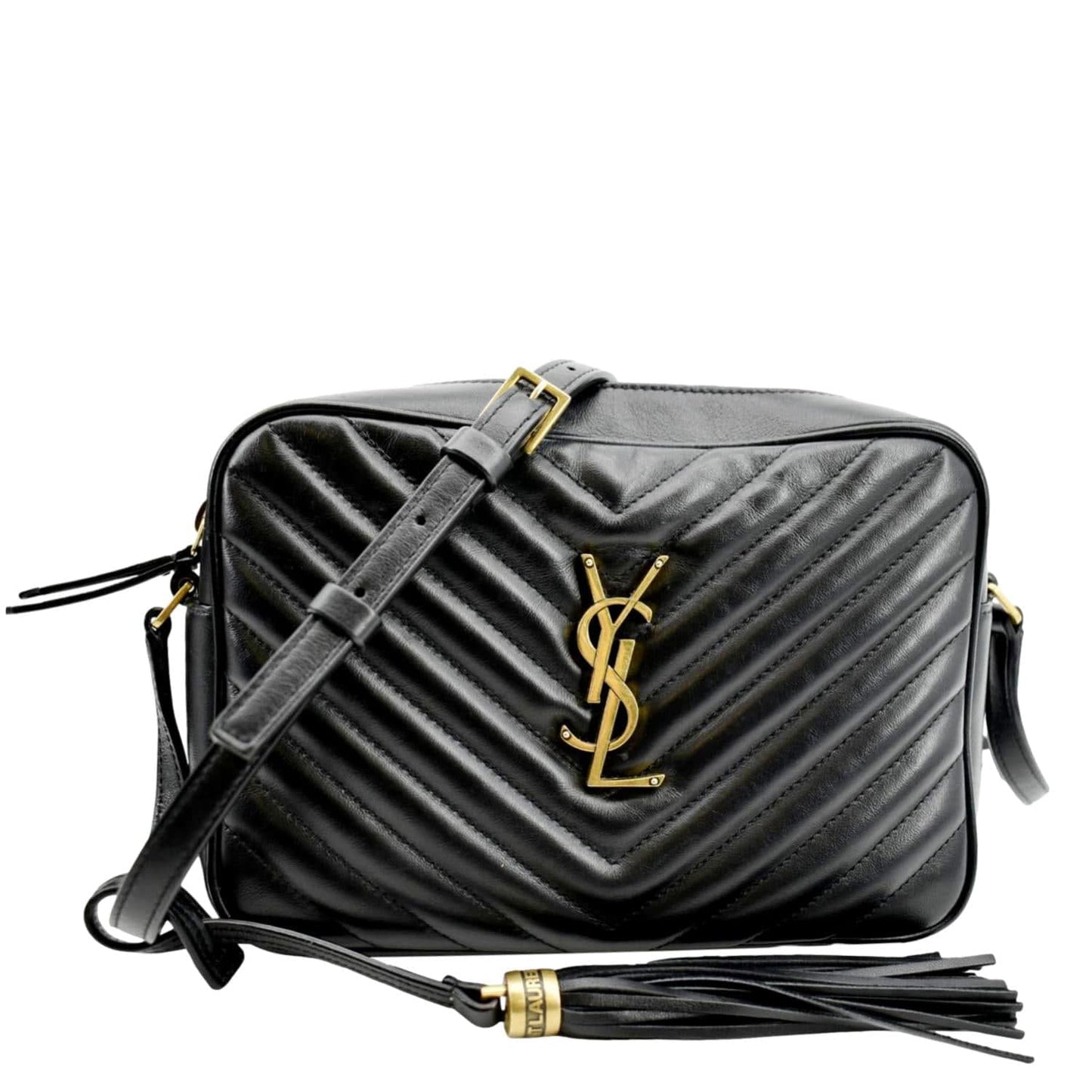 SAINT LAURENT Lou Chevron Leather Camera Crossbody Bag Black