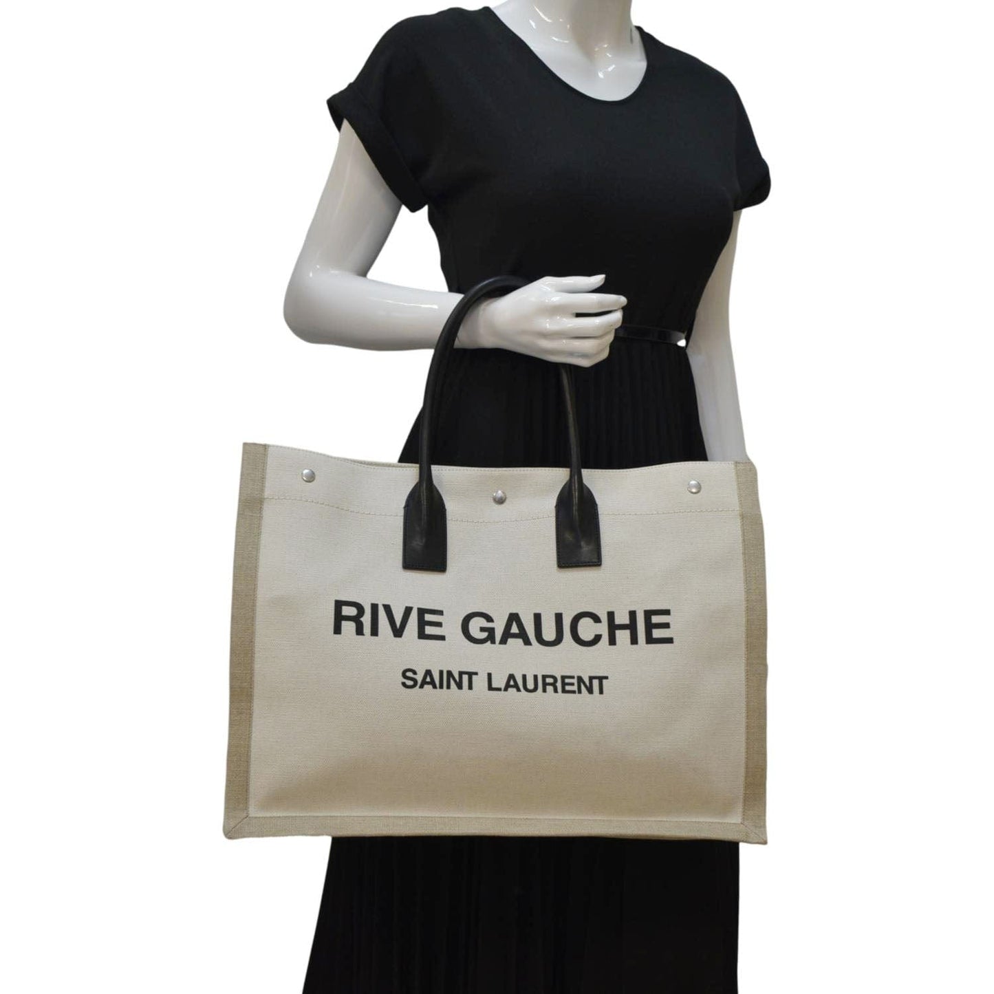 SAINT LAURENT Rive Gauche Small Linen Leather Tote Griege