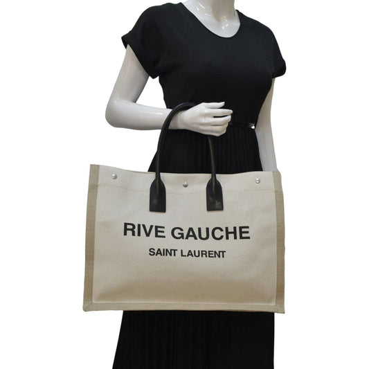 SAINT LAURENT Rive Gauche Small Linen Leather Tote Griege
