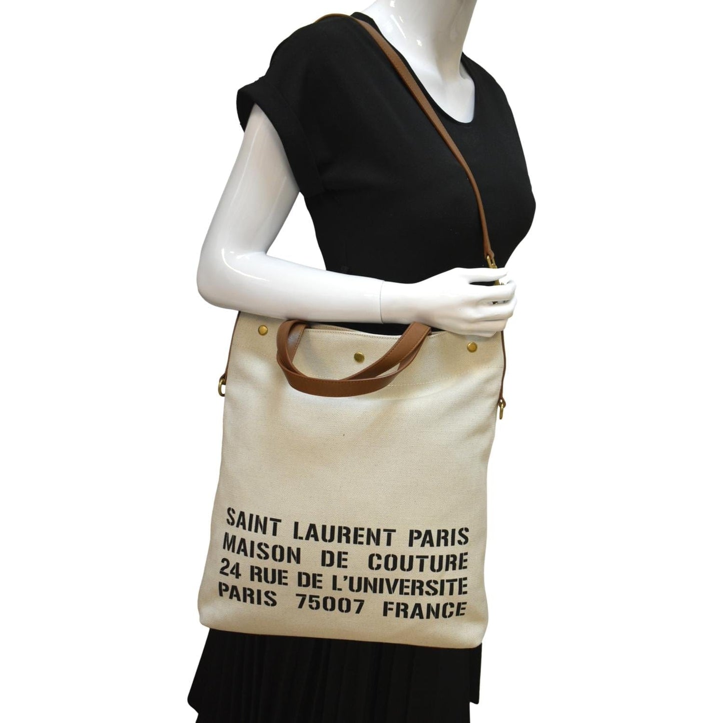 SAINT LAURENT North South Foldable Canvas Smooth Leather Shoulder Bag Naturel