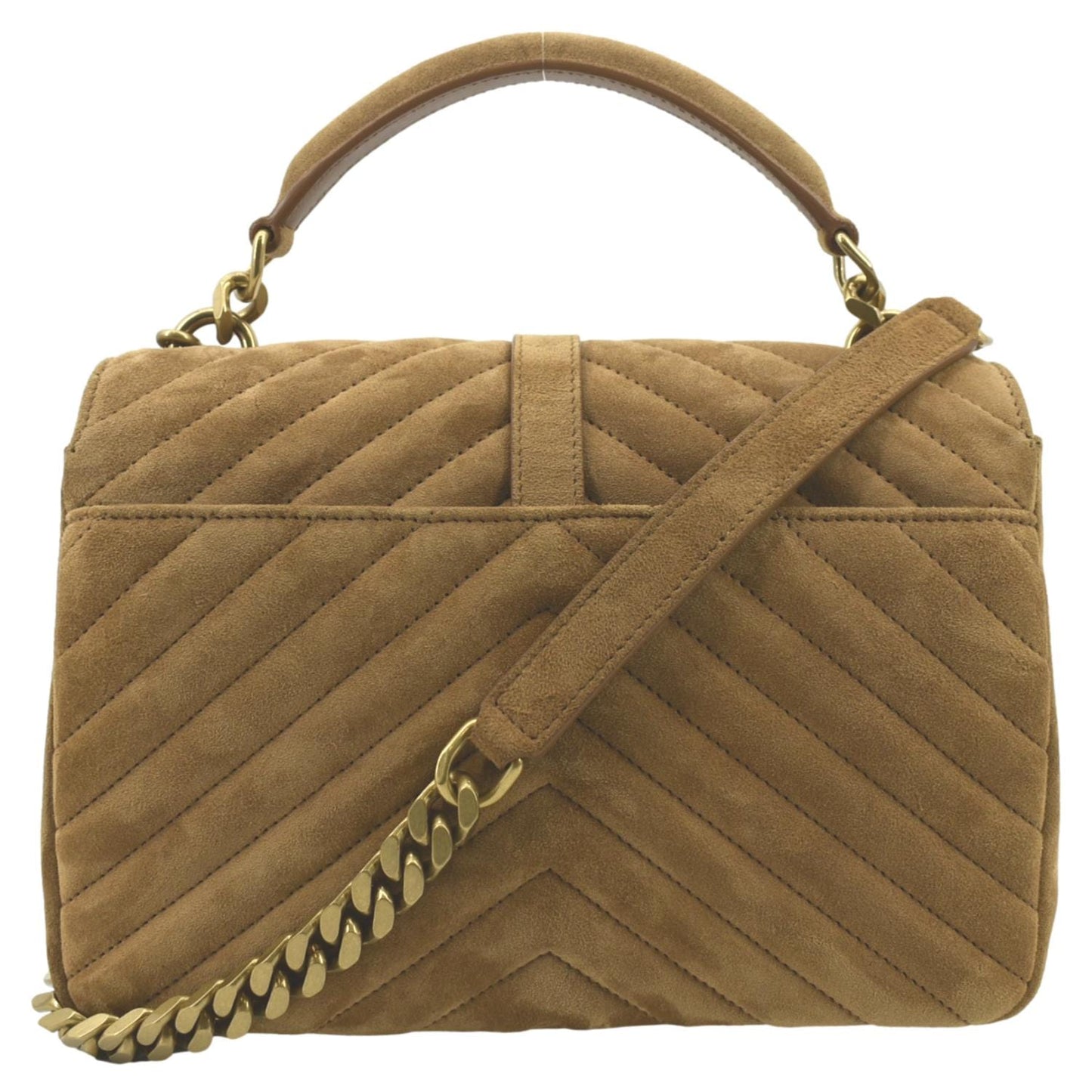 SAINT LAURENT College Chevron Suede Shoulder Chain Bag Camel