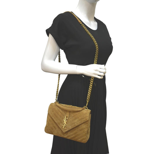 SAINT LAURENT College Chevron Suede Shoulder Chain Bag Camel