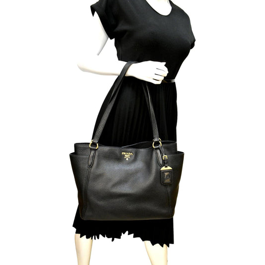 PRADA Vitello Daino Side-Pocket Leather Tote Shoulder Bag Black