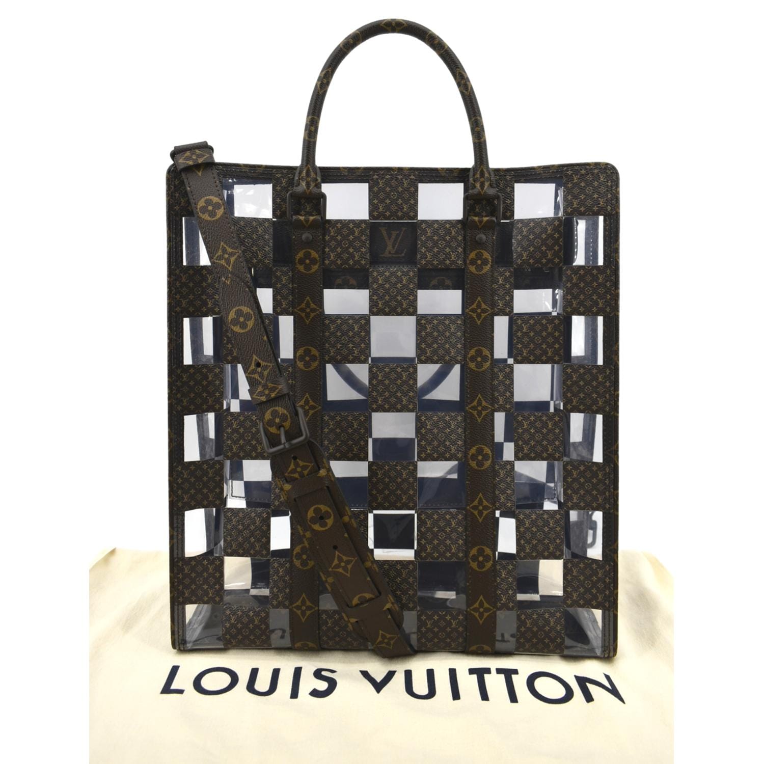 LOUIS VUITTON Sac Plat Chess PVC Monogram Coated Canvas Tote Shoulder Bag Brown