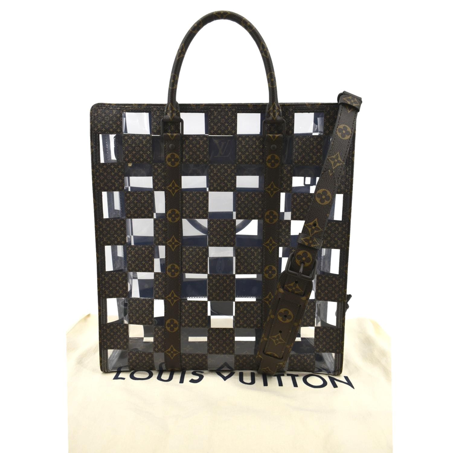 LOUIS VUITTON Sac Plat Chess PVC Monogram Coated Canvas Tote Shoulder Bag Brown