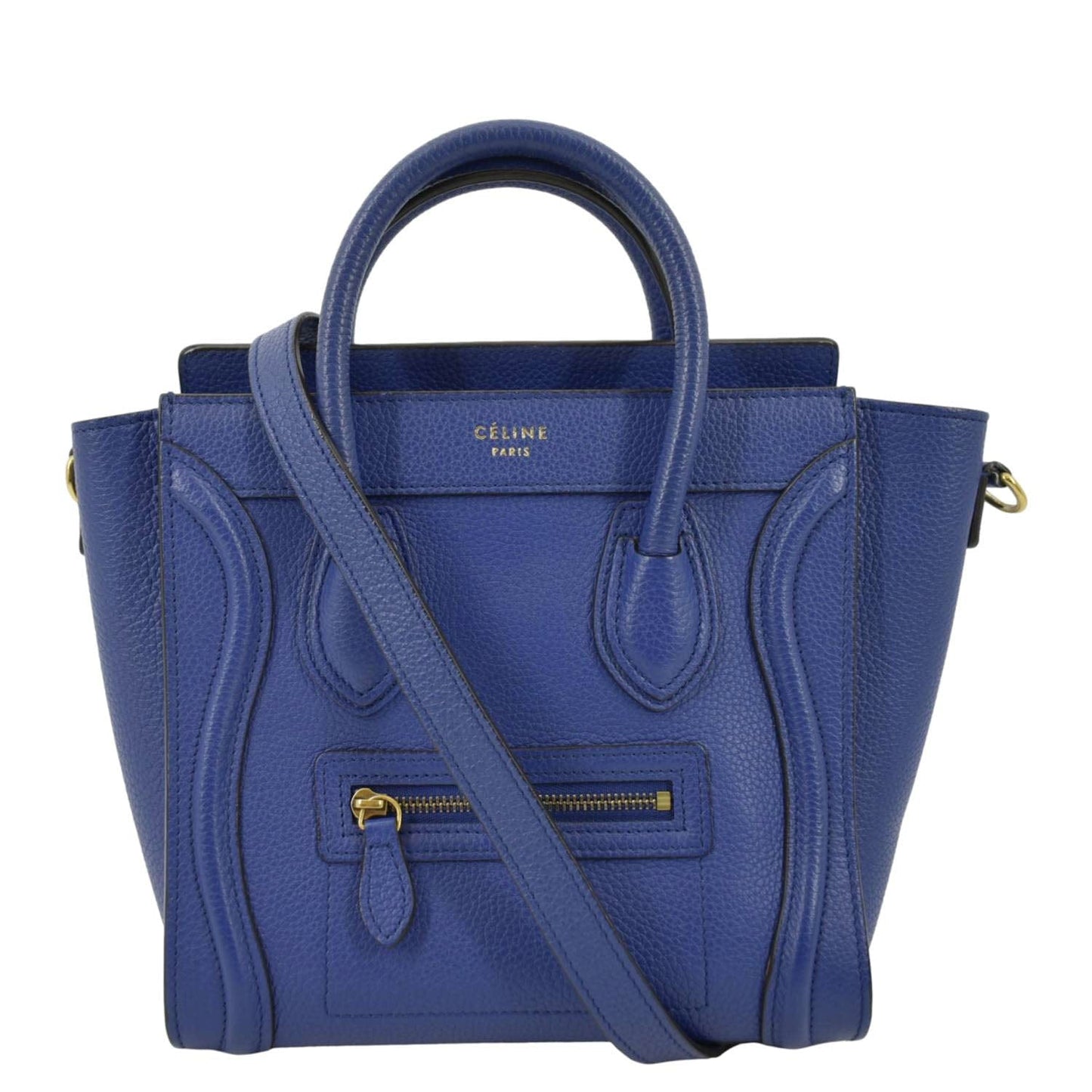 CELINE Nano Luggage Drummed Leather Tote Crossbody Bag Blue