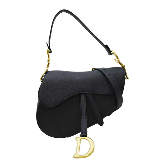 CHRISTIAN DIOR Saddle Grained Calfskin Leather Satchel Shoulder Bag Navy Blue