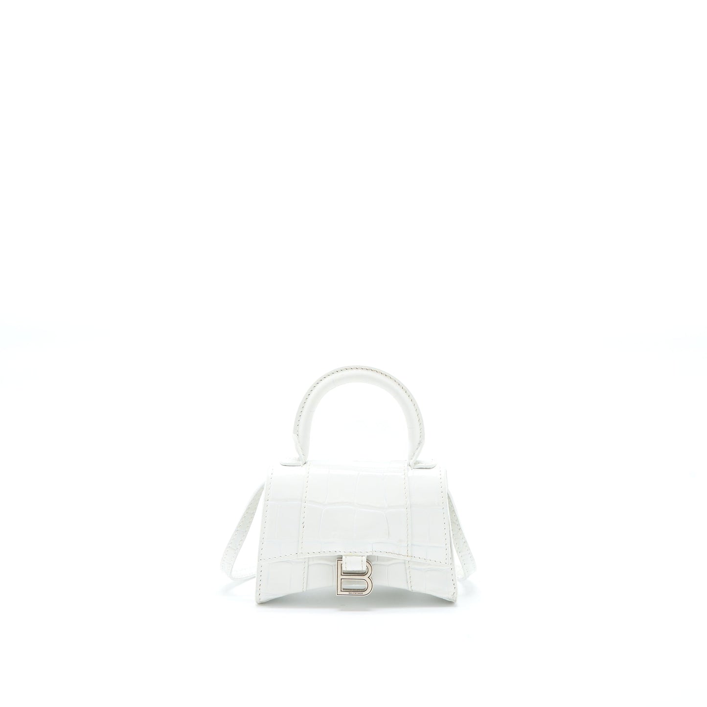 Balenciaga Mini Hourglass Purse Crocodile-Embossed Calfskin White