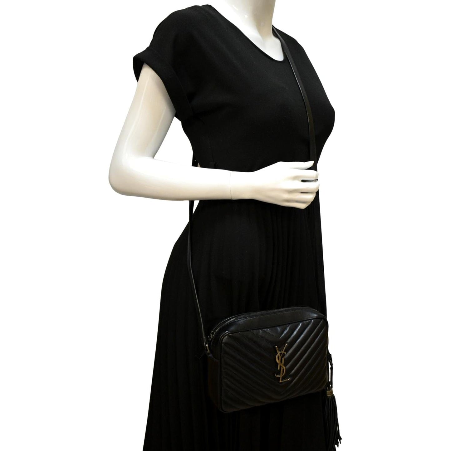 SAINT LAURENT Lou Chevron Leather Camera Crossbody Bag Black