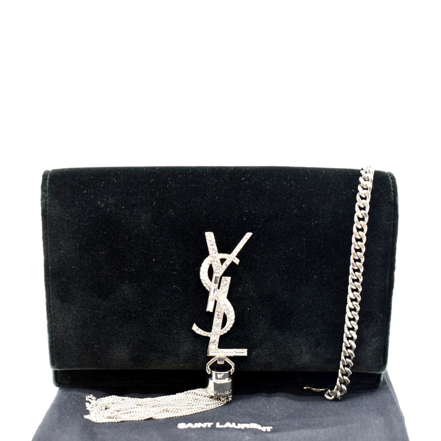SAINT LAURENT Crystal Kate Medium Tassel Velvet Crossbody Bag Dark Green