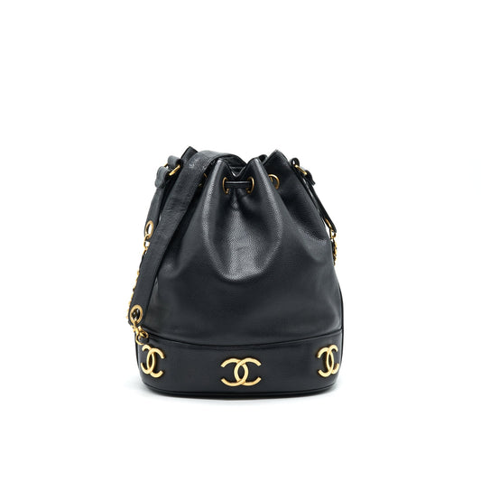 CHANEL CC Logo Pearl Crush Caviar Bucket Bag Black