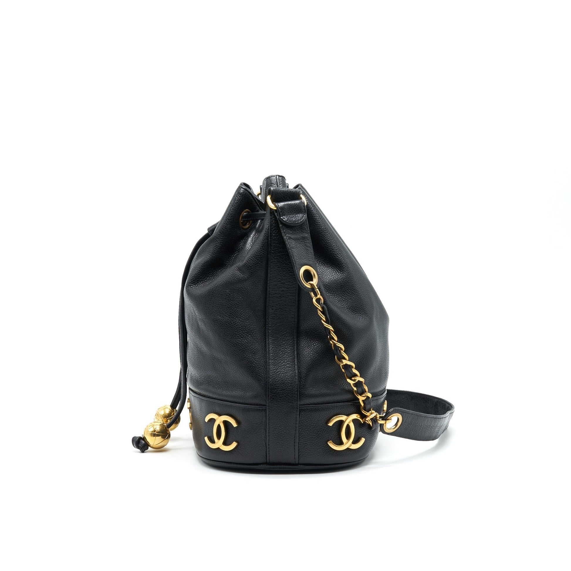 CHANEL CC Logo Pearl Crush Caviar Bucket Bag Black